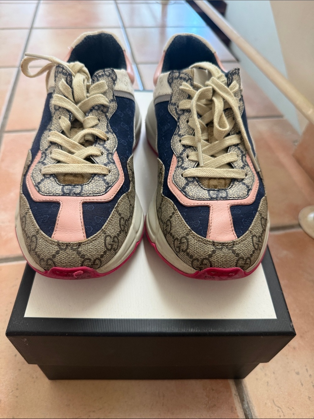 Gucci Beige Monogram Navy and Pink Women's Sneakers